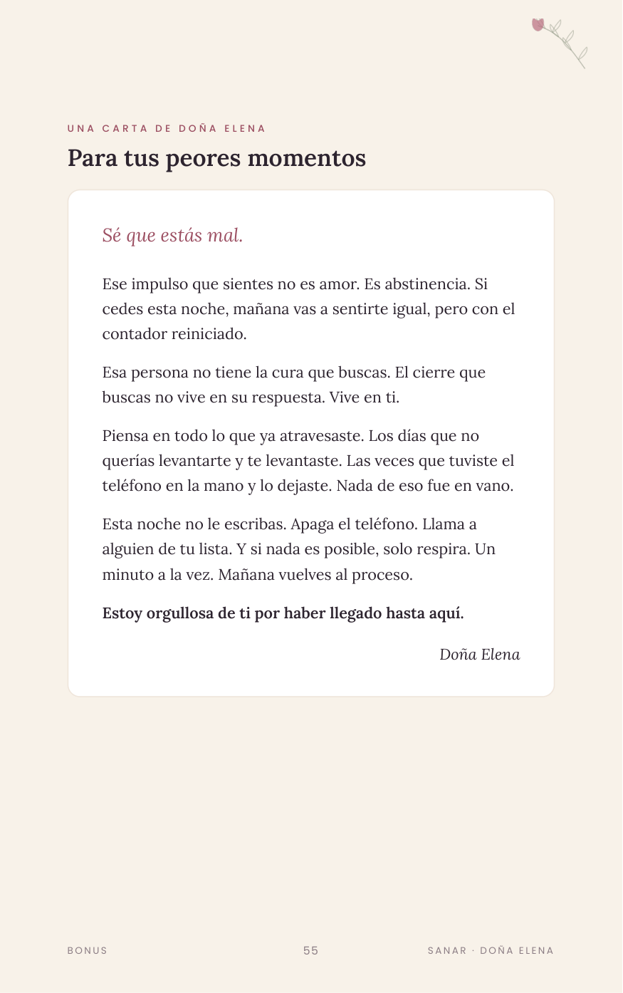 Página del ebook: carta de Doña Elena, Para tus peores momentos